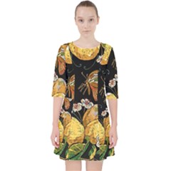 Embroidery Blossoming Lemons Butterfly Seamless Pattern Quarter Sleeve Pocket Dress by Ket1n9