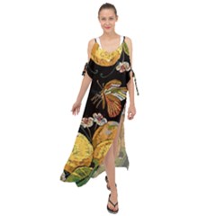 Embroidery Blossoming Lemons Butterfly Seamless Pattern Maxi Chiffon Cover Up Dress