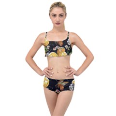 Embroidery Blossoming Lemons Butterfly Seamless Pattern Layered Top Bikini Set by Ket1n9