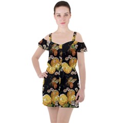 Embroidery Blossoming Lemons Butterfly Seamless Pattern Ruffle Cut Out Chiffon Playsuit by Ket1n9