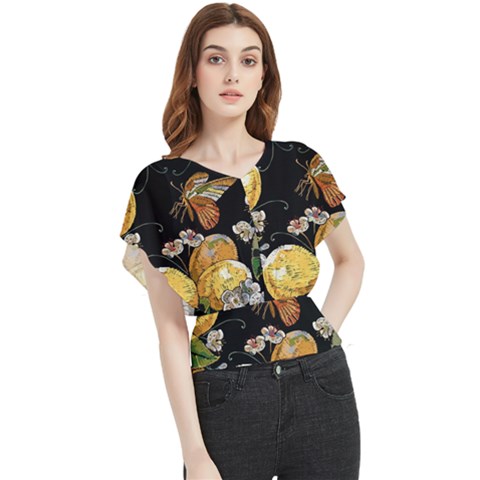 Embroidery Blossoming Lemons Butterfly Seamless Pattern Butterfly Chiffon Blouse by Ket1n9