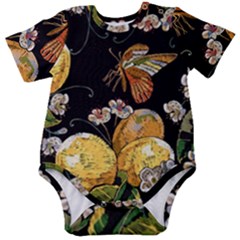 Embroidery Blossoming Lemons Butterfly Seamless Pattern Baby Short Sleeve Bodysuit by Ket1n9
