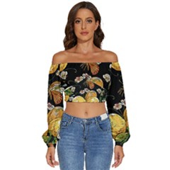 Embroidery Blossoming Lemons Butterfly Seamless Pattern Long Sleeve Crinkled Weave Crop Top by Ket1n9