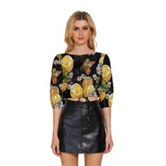 Embroidery Blossoming Lemons Butterfly Seamless Pattern Mid Sleeve Drawstring Hem Top by Ket1n9