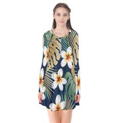 Seamless Pattern With Tropical Strelitzia Flowers Leaves Exotic Background Long Sleeve V-neck Flare Dress
