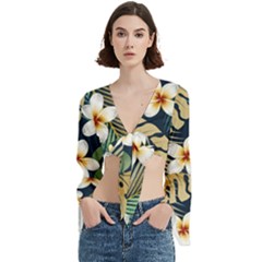 Seamless Pattern With Tropical Strelitzia Flowers Leaves Exotic Background Trumpet Sleeve Cropped Top