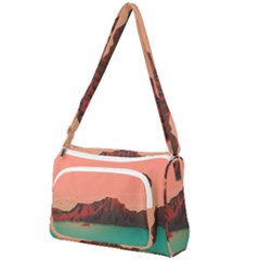 Brown Mountain Illustration Sunset Digital Art Mountains Front Pocket Crossbody Bag by Cendanart