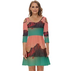 Brown Mountain Illustration Sunset Digital Art Mountains Shoulder Cut Out Zip Up Dress