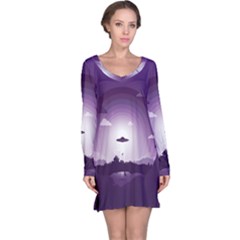 Ufo Illustration Style Minimalism Silhouette Long Sleeve Nightdress