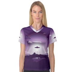 Ufo Illustration Style Minimalism Silhouette V-Neck Sport Mesh T-Shirt