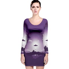 Ufo Illustration Style Minimalism Silhouette Long Sleeve Velvet Bodycon Dress