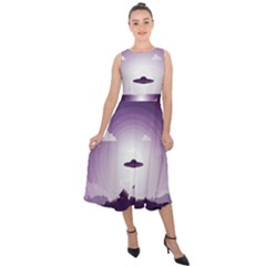 Ufo Illustration Style Minimalism Silhouette Midi Tie-Back Chiffon Dress