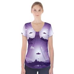 Ufo Illustration Style Minimalism Silhouette Short Sleeve Front Detail Top