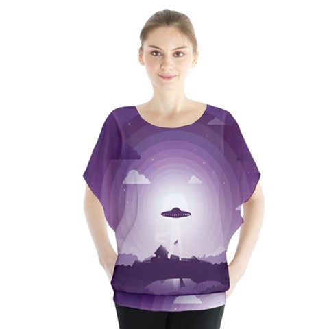 Ufo Illustration Style Minimalism Silhouette Batwing Chiffon Blouse by Cendanart