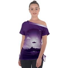 Ufo Illustration Style Minimalism Silhouette Off Shoulder Tie-Up T-Shirt