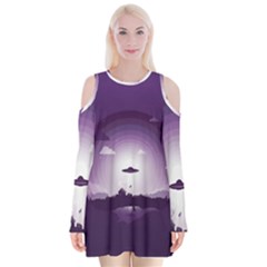 Ufo Illustration Style Minimalism Silhouette Velvet Long Sleeve Shoulder Cutout Dress