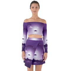 Ufo Illustration Style Minimalism Silhouette Off Shoulder Top with Skirt Set