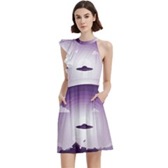 Ufo Illustration Style Minimalism Silhouette Cocktail Party Halter Sleeveless Dress With Pockets