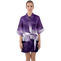 Ufo Illustration Style Minimalism Silhouette Half Sleeve Satin Kimono  by Cendanart