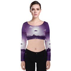 Ufo Illustration Style Minimalism Silhouette Velvet Long Sleeve Crop Top