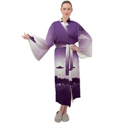 Ufo Illustration Style Minimalism Silhouette Maxi Velvet Kimono