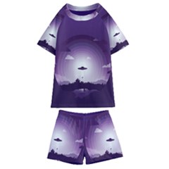 Ufo Illustration Style Minimalism Silhouette Kids  Swim T-Shirt and Shorts Set