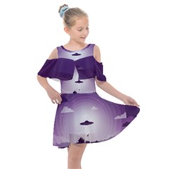 Ufo Illustration Style Minimalism Silhouette Kids  Shoulder Cutout Chiffon Dress