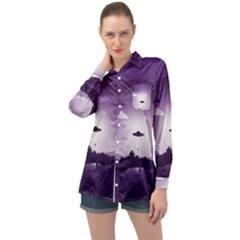 Ufo Illustration Style Minimalism Silhouette Long Sleeve Satin Shirt