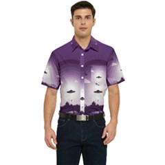 Ufo Illustration Style Minimalism Silhouette Men s Short Sleeve Pocket Shirt 