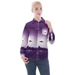 Ufo Illustration Style Minimalism Silhouette Women s Long Sleeve Pocket Shirt