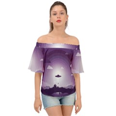 Ufo Illustration Style Minimalism Silhouette Off Shoulder Short Sleeve Top