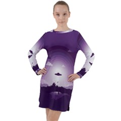 Ufo Illustration Style Minimalism Silhouette Long Sleeve Hoodie Dress