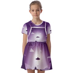 Ufo Illustration Style Minimalism Silhouette Kids  Short Sleeve Pinafore Style Dress