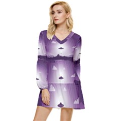 Ufo Illustration Style Minimalism Silhouette Tiered Long Sleeve Mini Dress