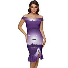 Ufo Illustration Style Minimalism Silhouette Off Shoulder Ruffle Split Hem Bodycon Dress