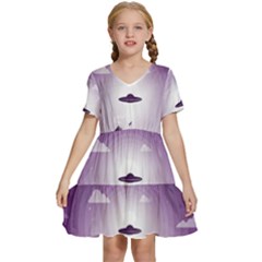 Ufo Illustration Style Minimalism Silhouette Kids  Short Sleeve Tiered Mini Dress