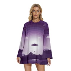 Ufo Illustration Style Minimalism Silhouette Round Neck Long Sleeve Bohemian Style Chiffon Mini Dress