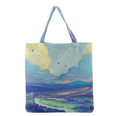 Mountains And Trees Illustration Painting Clouds Sky Landscape Grocery Tote Bag by Cendanart