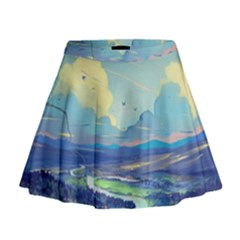 Mountains And Trees Illustration Painting Clouds Sky Landscape Mini Flare Skirt by Cendanart