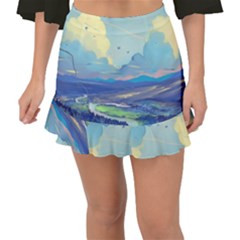 Mountains And Trees Illustration Painting Clouds Sky Landscape Fishtail Mini Chiffon Skirt by Cendanart