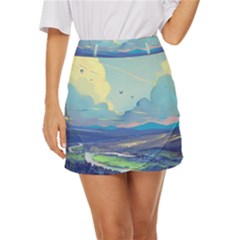 Mountains And Trees Illustration Painting Clouds Sky Landscape Mini Front Wrap Skirt by Cendanart