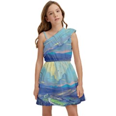 Mountains And Trees Illustration Painting Clouds Sky Landscape Kids  One Shoulder Party Dress