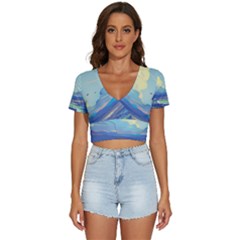 Mountains And Trees Illustration Painting Clouds Sky Landscape V-neck Crop Top by Cendanart