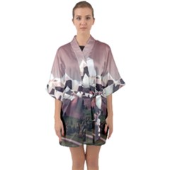 White And Brown Mountain Illustration Digital Art Half Sleeve Satin Kimono 