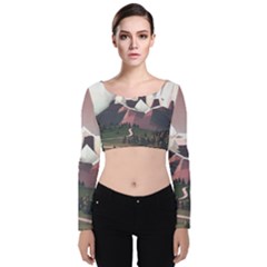 White And Brown Mountain Illustration Digital Art Velvet Long Sleeve Crop Top by Cendanart