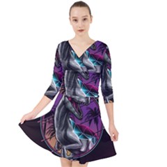 Style Dinosaur  80s Synth Retrowave Quarter Sleeve Front Wrap Dress by Cendanart