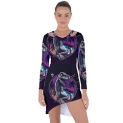 Style Dinosaur  80s Synth Retrowave Asymmetric Cut-out Shift Dress by Cendanart