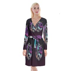 Style Dinosaur  80s Synth Retrowave Long Sleeve Velvet Front Wrap Dress