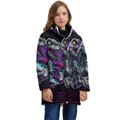 Style Dinosaur  80s Synth Retrowave Kids  Hooded Longline Puffer Jacket