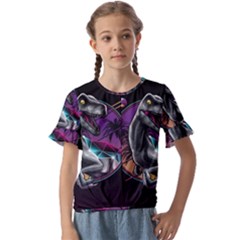 Style Dinosaur  80s Synth Retrowave Kids  Cuff Sleeve Scrunch Bottom T-Shirt